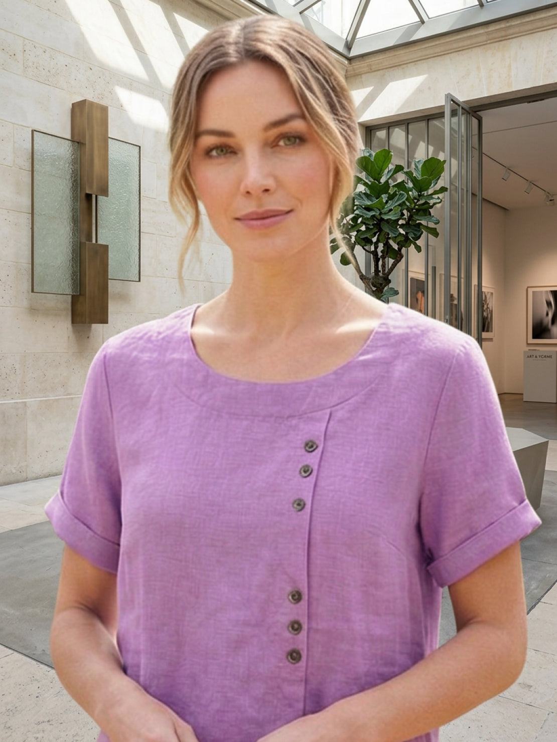 Taylor | Women’s Linen Round Neck Button Blouse