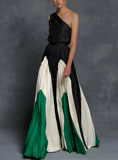 Mia | Mother of the Bride Dress One-Shoulder Color-Block Pleated Maxi Gown