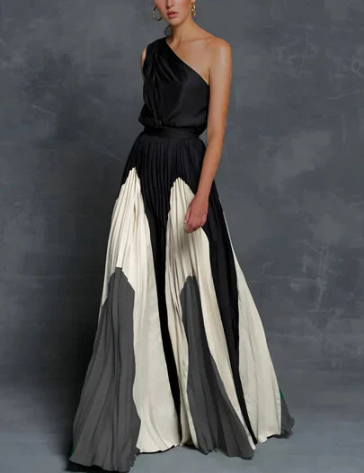 Mia | Mother of the Bride Dress One-Shoulder Color-Block Pleated Maxi Gown