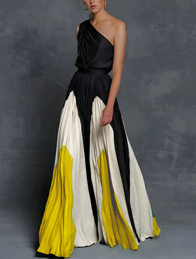 Mia | Mother of the Bride Dress One-Shoulder Color-Block Pleated Maxi Gown