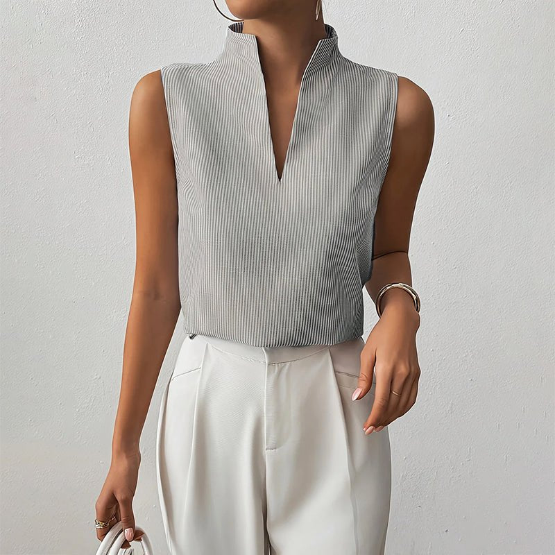Camila | Sleeveless Striped V-Neck Blouse Stand Collar