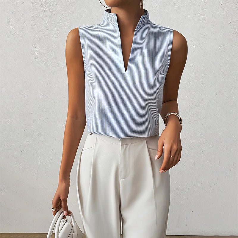 Camila | Sleeveless Striped V-Neck Blouse Stand Collar
