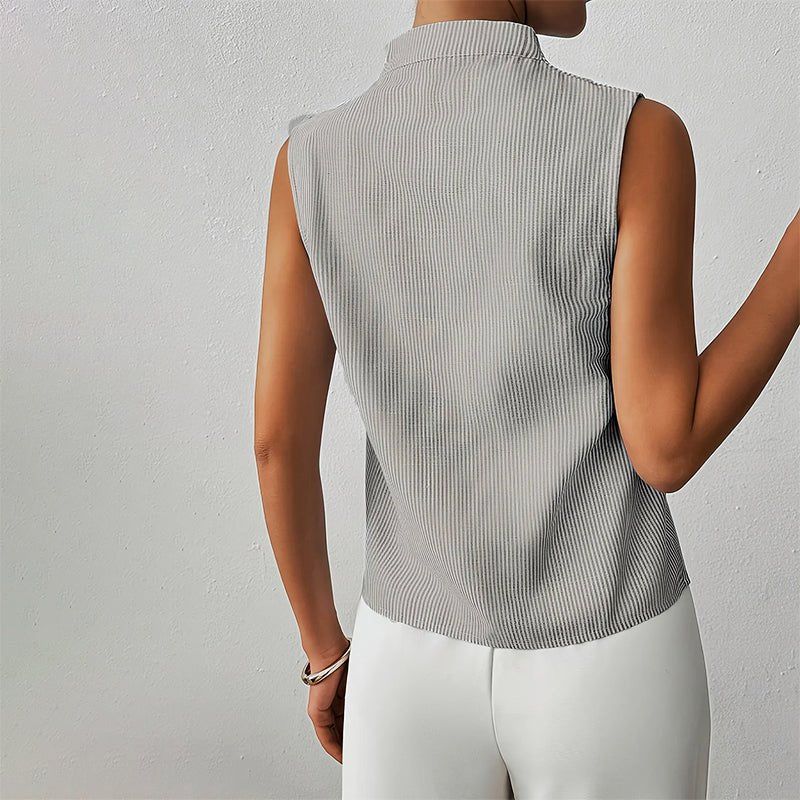 Camila | Sleeveless Striped V-Neck Blouse Stand Collar
