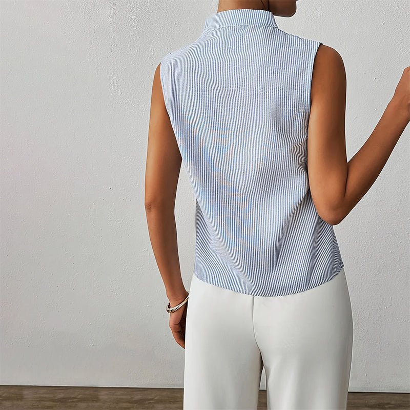 Camila | Sleeveless Striped V-Neck Blouse Stand Collar
