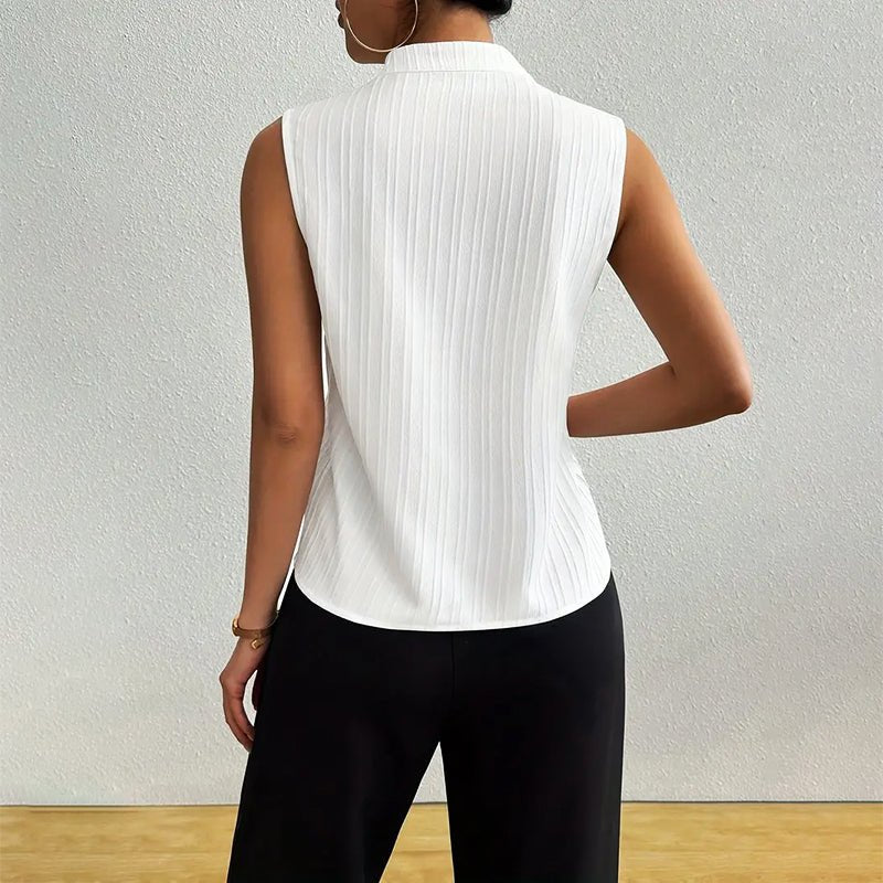 Camila | Sleeveless Striped V-Neck Blouse Stand Collar