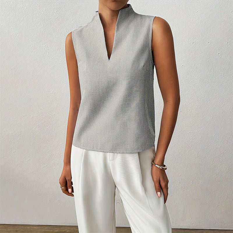 Camila | Sleeveless Striped V-Neck Blouse Stand Collar
