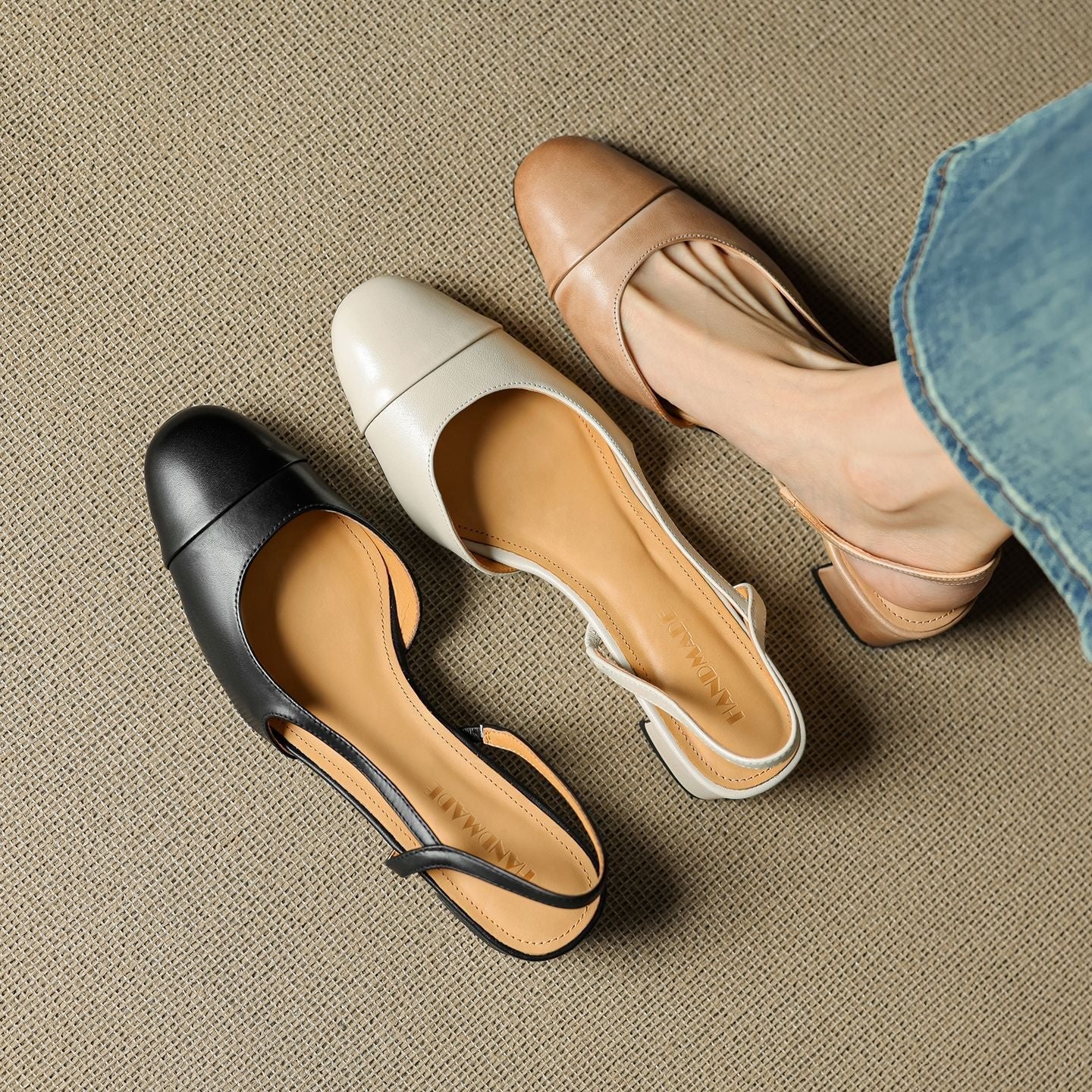 Eleanor | Slingback Pumps Genuine Leather Almond Toe Block Heel