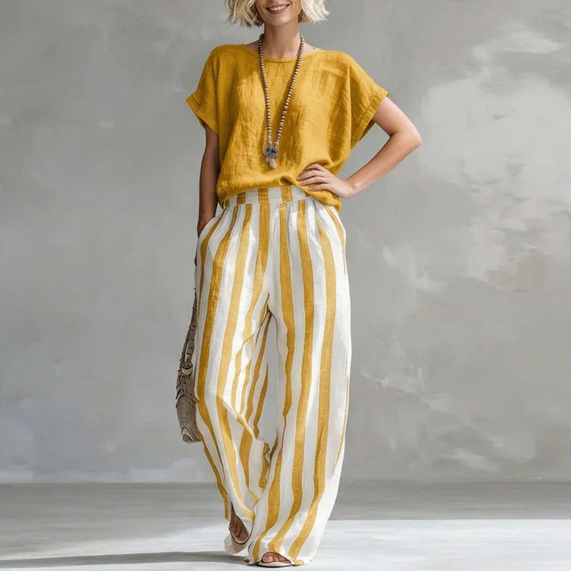 Isabella | Two Piece Linen Set Wide Leg Pants Short Sleeve Top