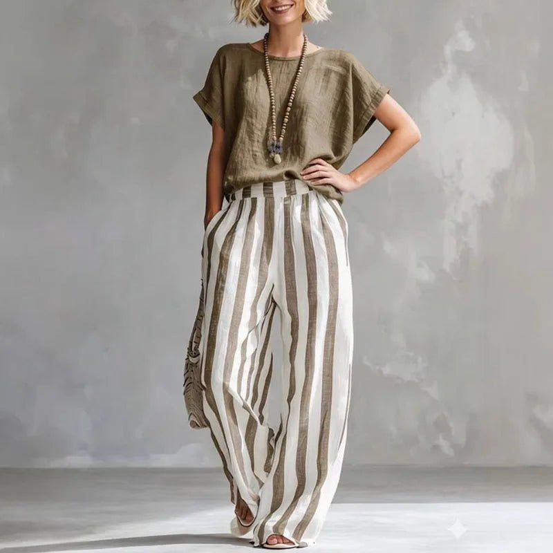 Isabella | Two Piece Linen Set Wide Leg Pants Short Sleeve Top