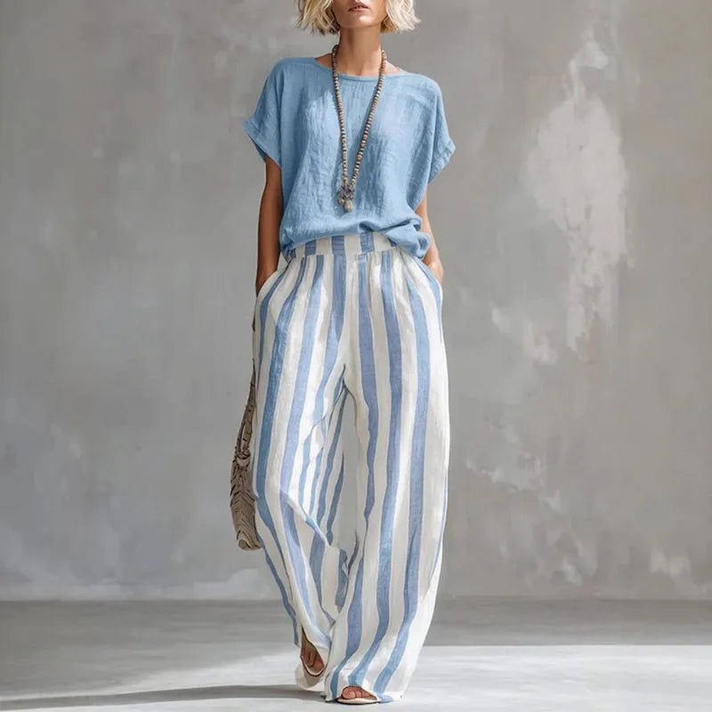 Isabella | Two Piece Linen Set Wide Leg Pants Short Sleeve Top