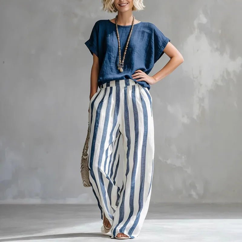 Isabella | Two Piece Linen Set Wide Leg Pants Short Sleeve Top