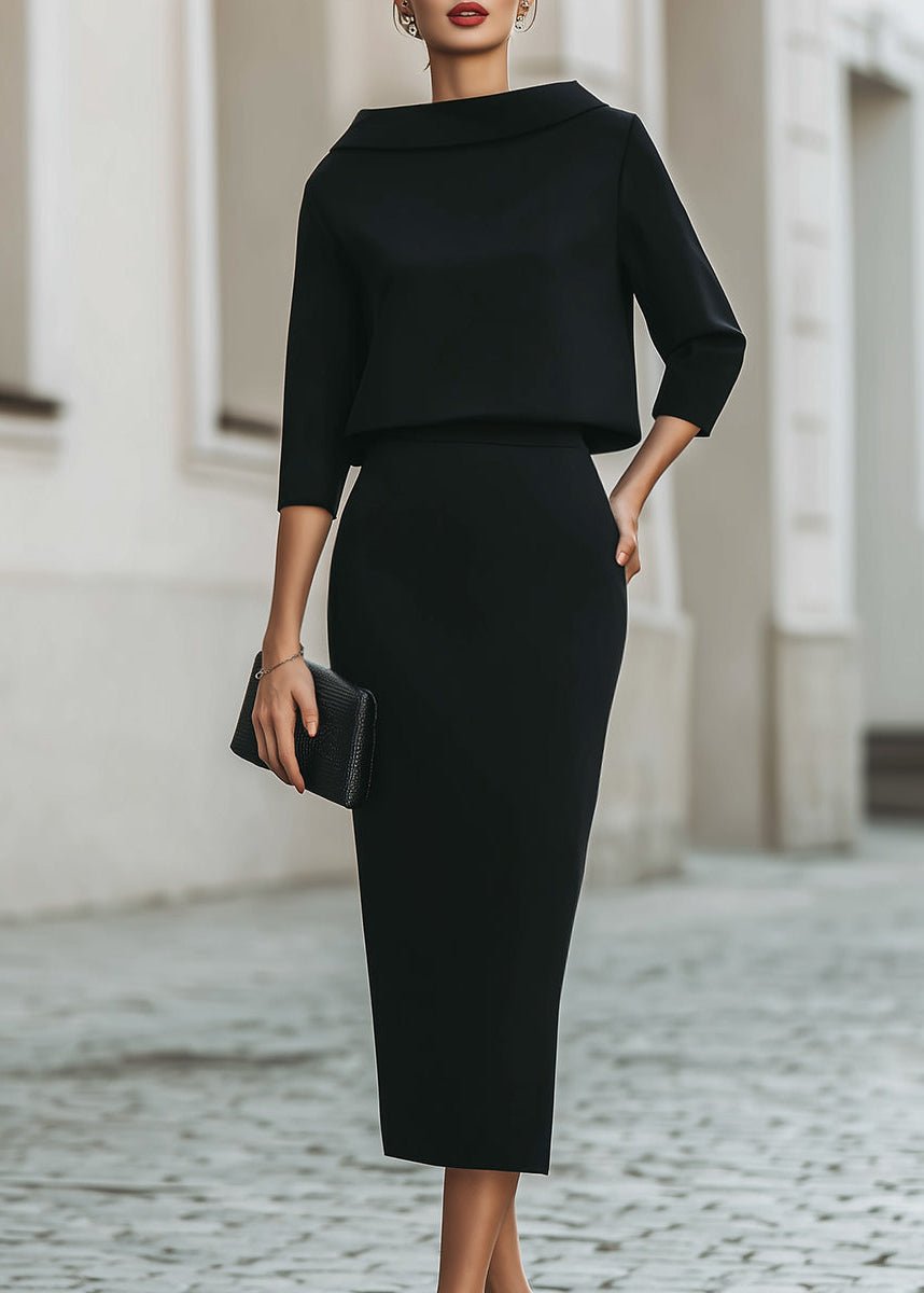 Evelyn | Two Piece Set Boat Neck Top Midi Skirt 3/4 Sleeve Crepe