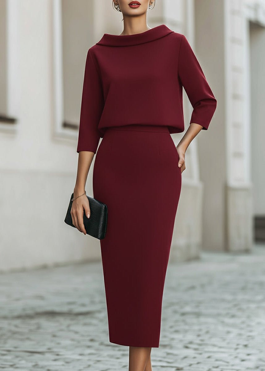 Evelyn | Two Piece Set Boat Neck Top Midi Skirt 3/4 Sleeve Crepe