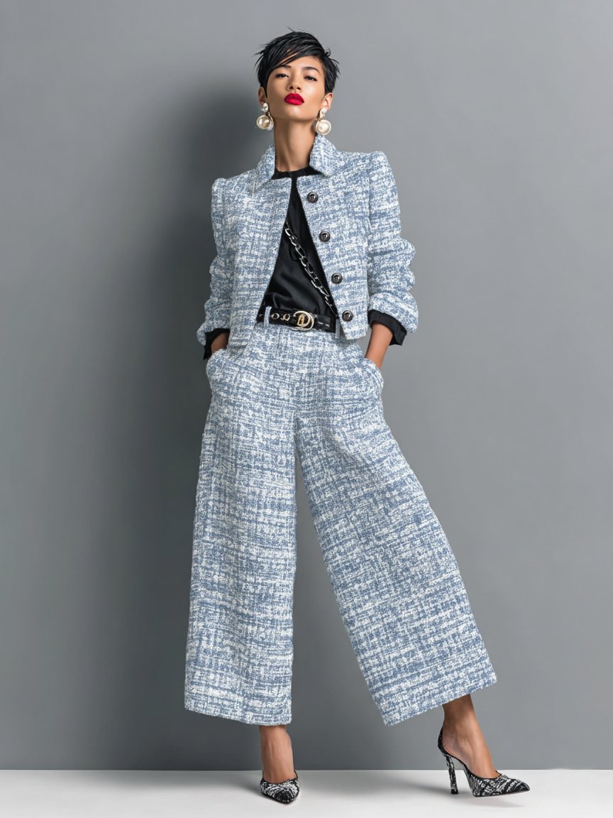 Harper | Two Piece Tweed Set Cropped Jacket Wide Leg Pants