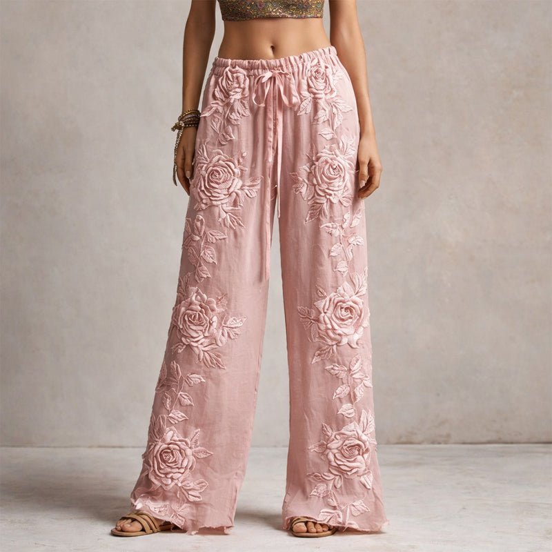 Camila | Wide Leg Pants Floral Embroidered Drawstring
