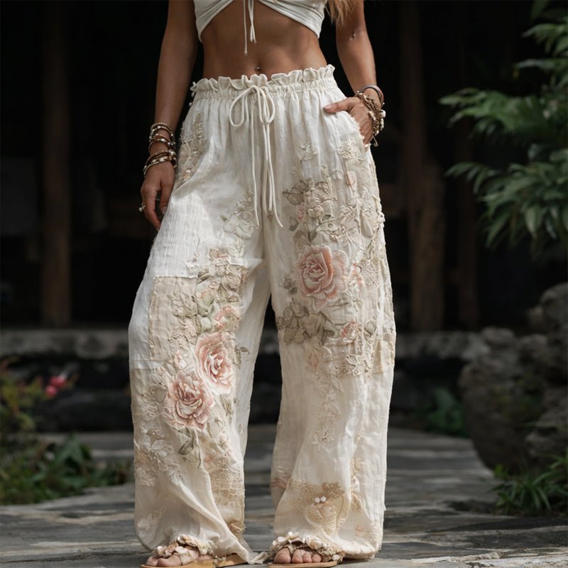 Camila | Wide Leg Pants Floral Embroidered Drawstring