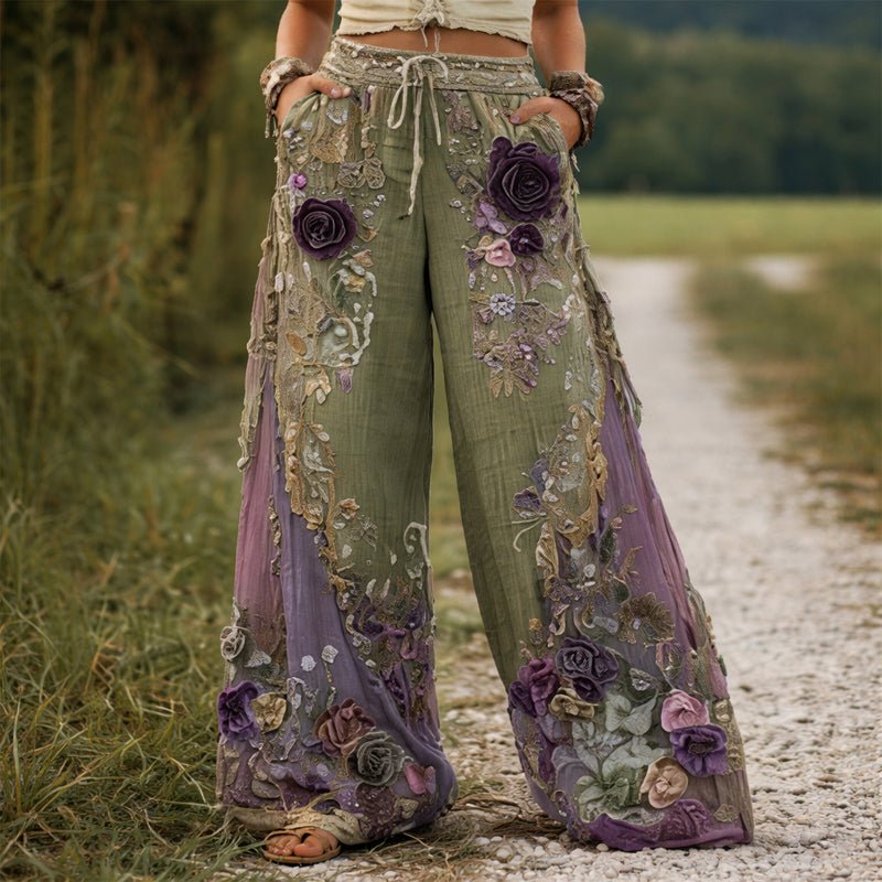 Camila | Wide Leg Pants Floral Embroidered Drawstring