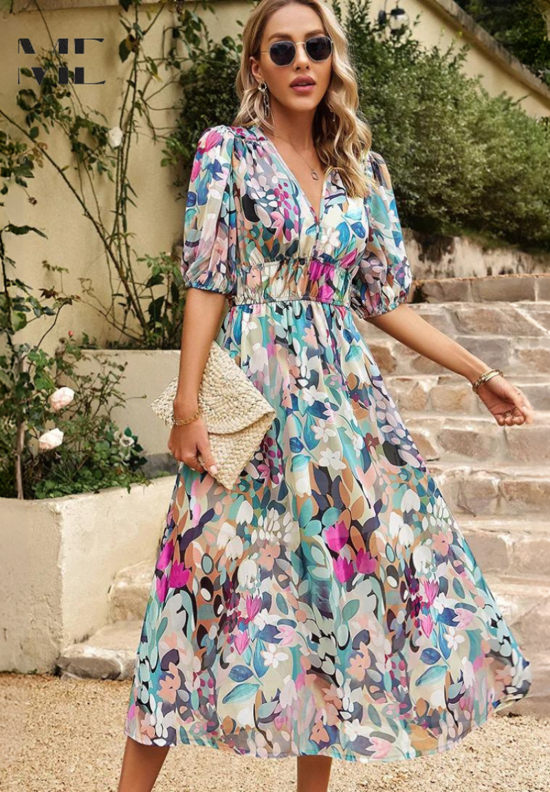 Jasmine | Women's Floral V Neck Midi Wedding Guest Dress