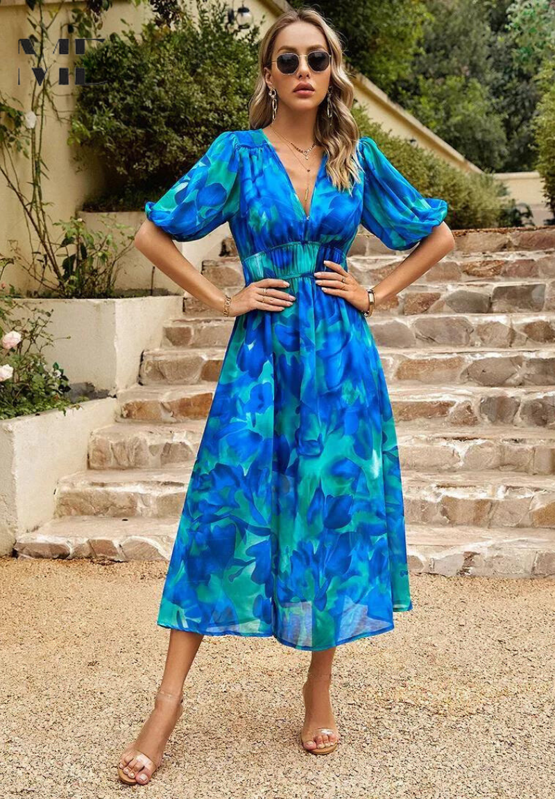 Jasmine | Women's Floral V Neck Midi Wedding Guest Dress