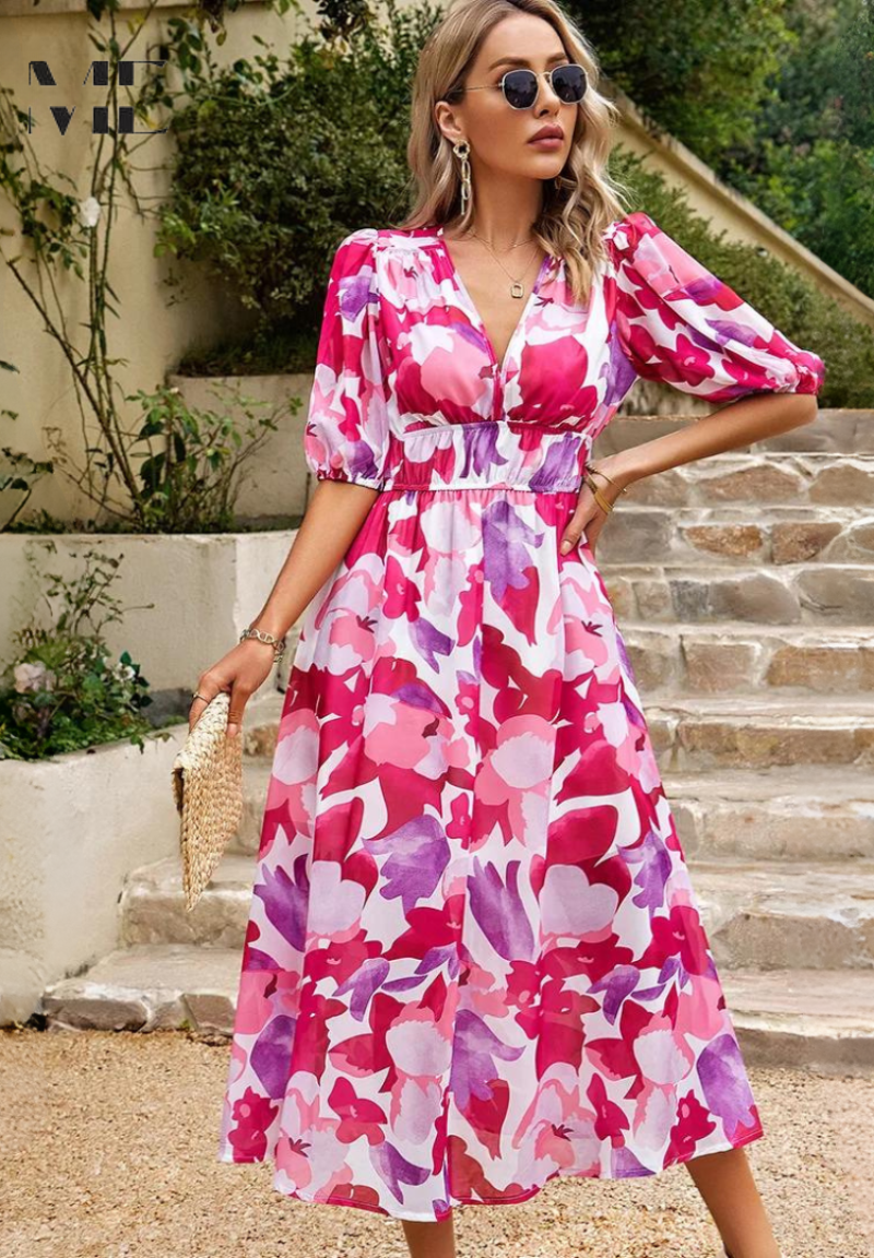 Jasmine | Women's Floral V Neck Midi Wedding Guest Dress