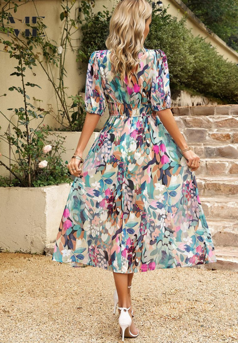 Jasmine | Women's Floral V Neck Midi Wedding Guest Dress