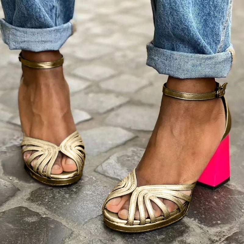 Evelyn | Women's Block Heel Sandals Open Toe Ankle Strap Multi-Strap