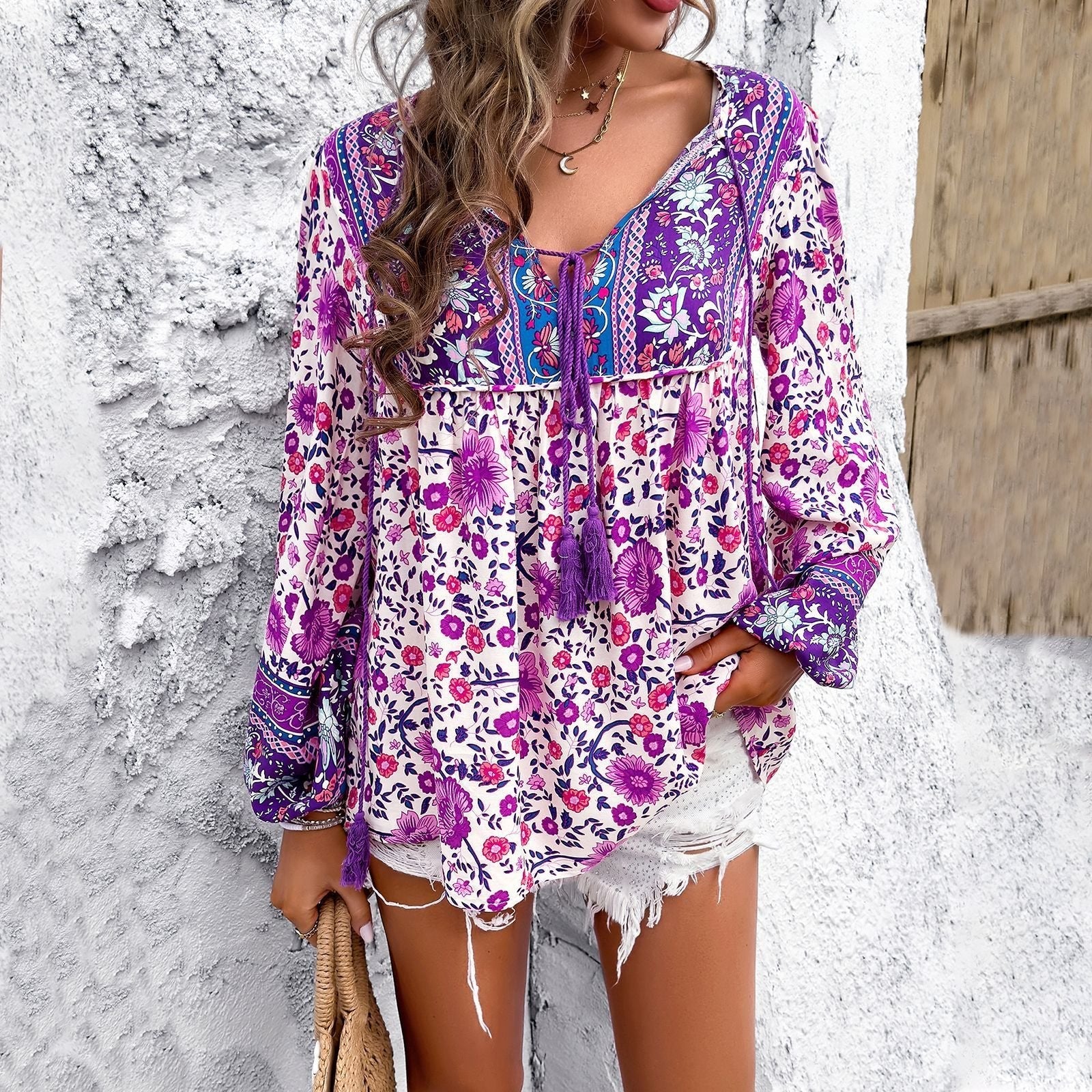 Evelyn | Women's Bohemian Floral V-Neck Tassel Drawstring Tunic Blouse