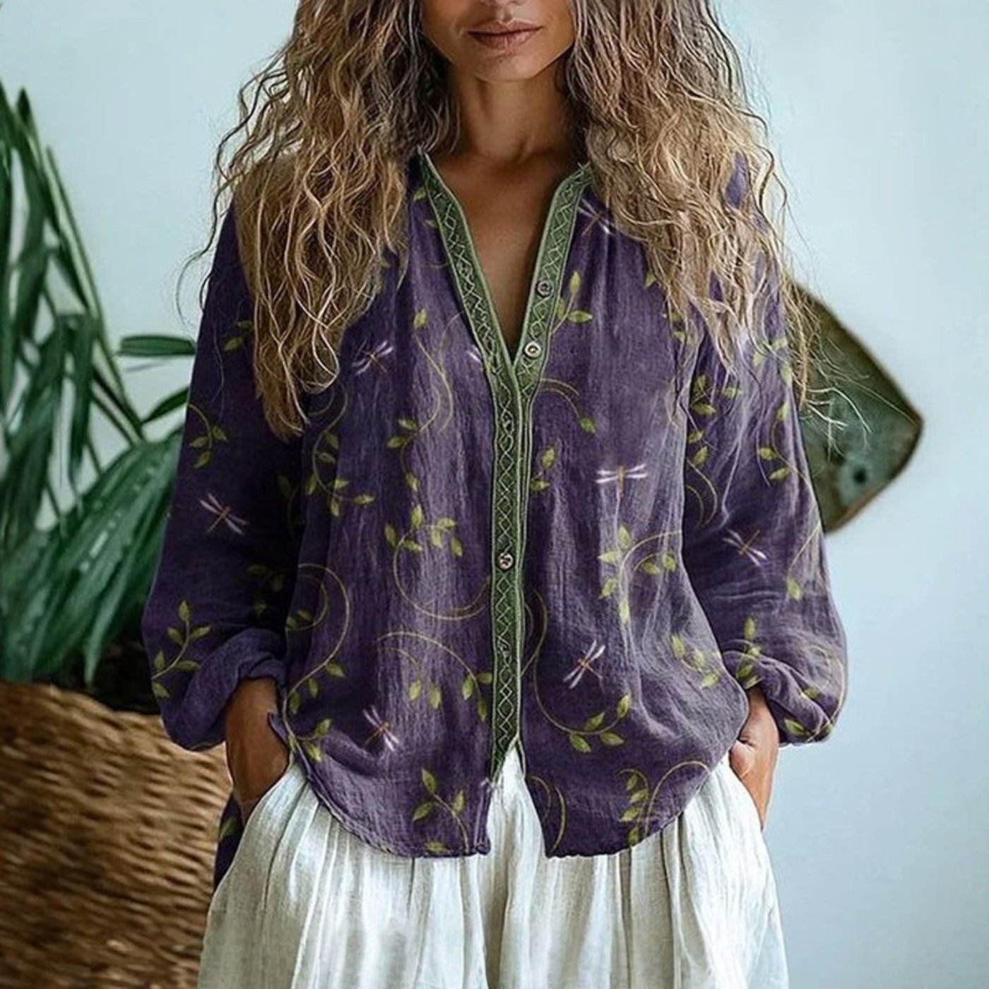 Evelyn | Women's Boho Linen Button-Down Cardigan Blouse Long Sleeve V-Neck