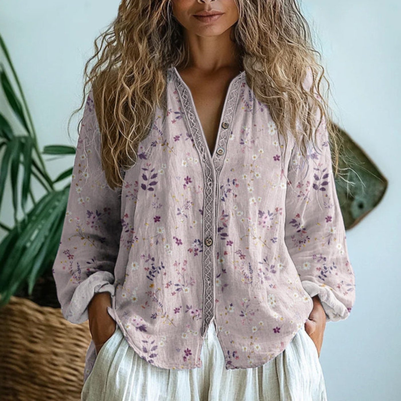 Evelyn | Women's Boho Linen Button-Down Cardigan Blouse Long Sleeve V-Neck