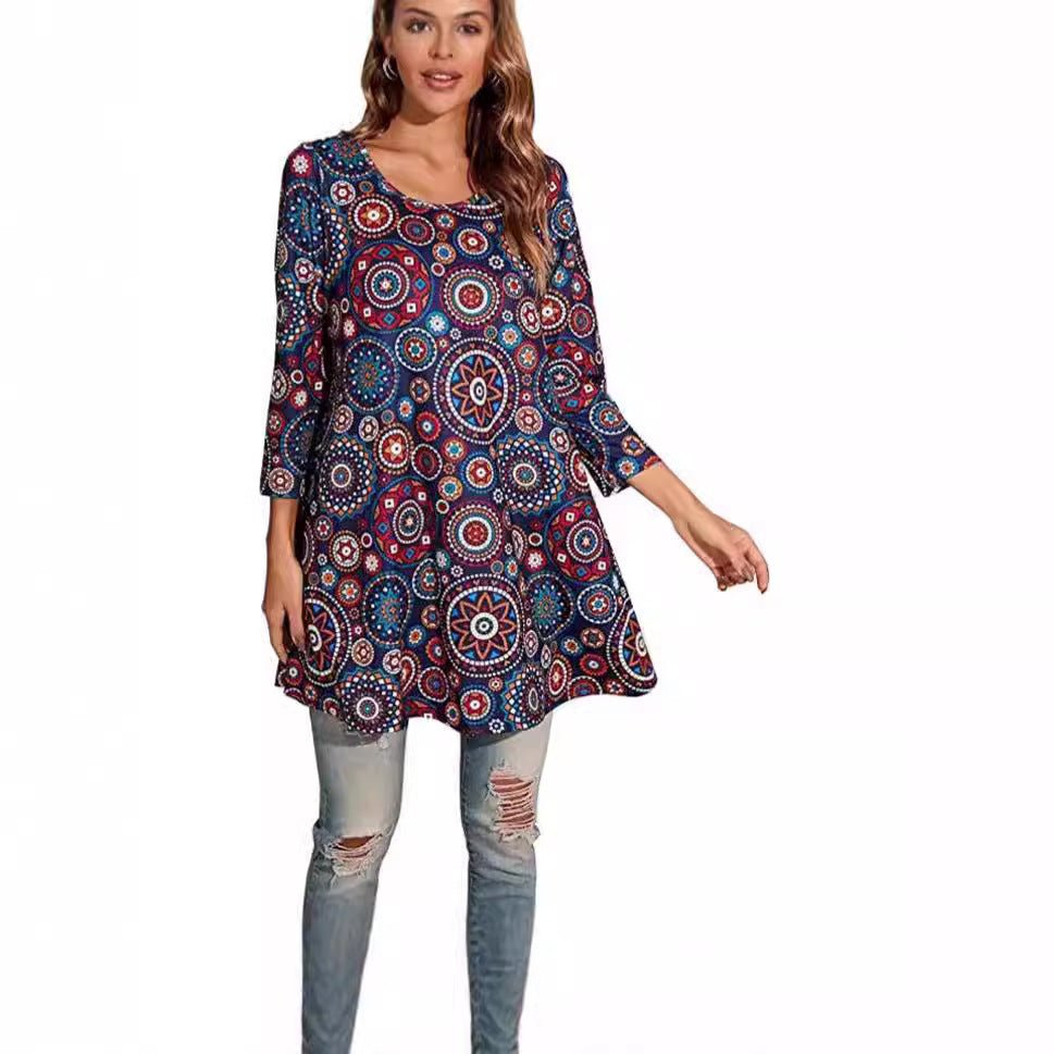 Sophia | Women's Boho Mandala Print 3/4 Sleeve Swing Tunic