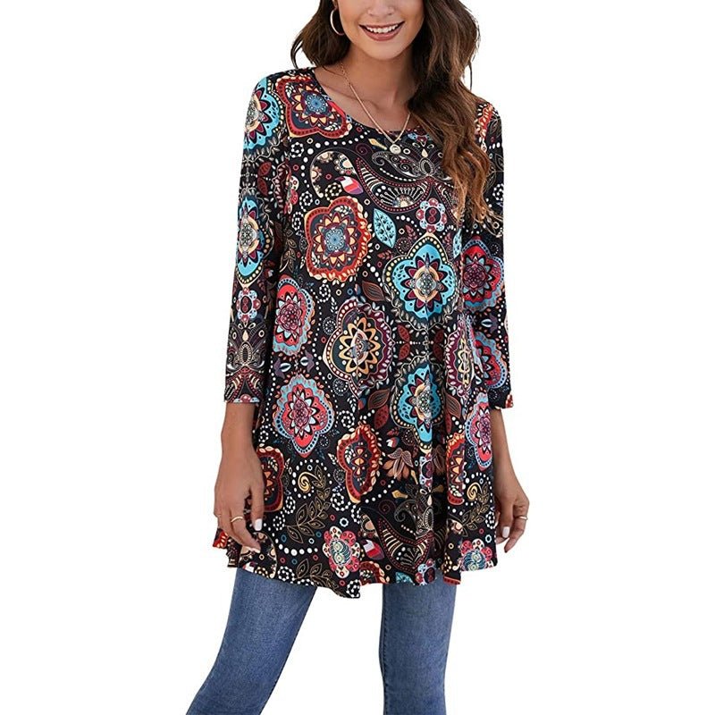 Sophia | Women's Boho Mandala Print 3/4 Sleeve Swing Tunic