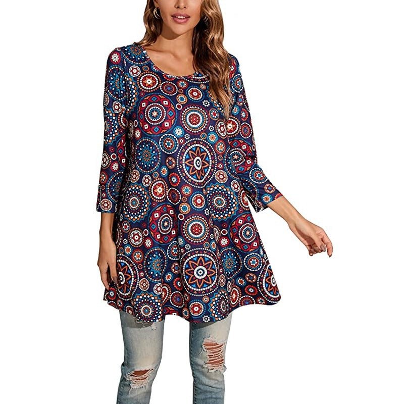 Sophia | Women's Boho Mandala Print 3/4 Sleeve Swing Tunic