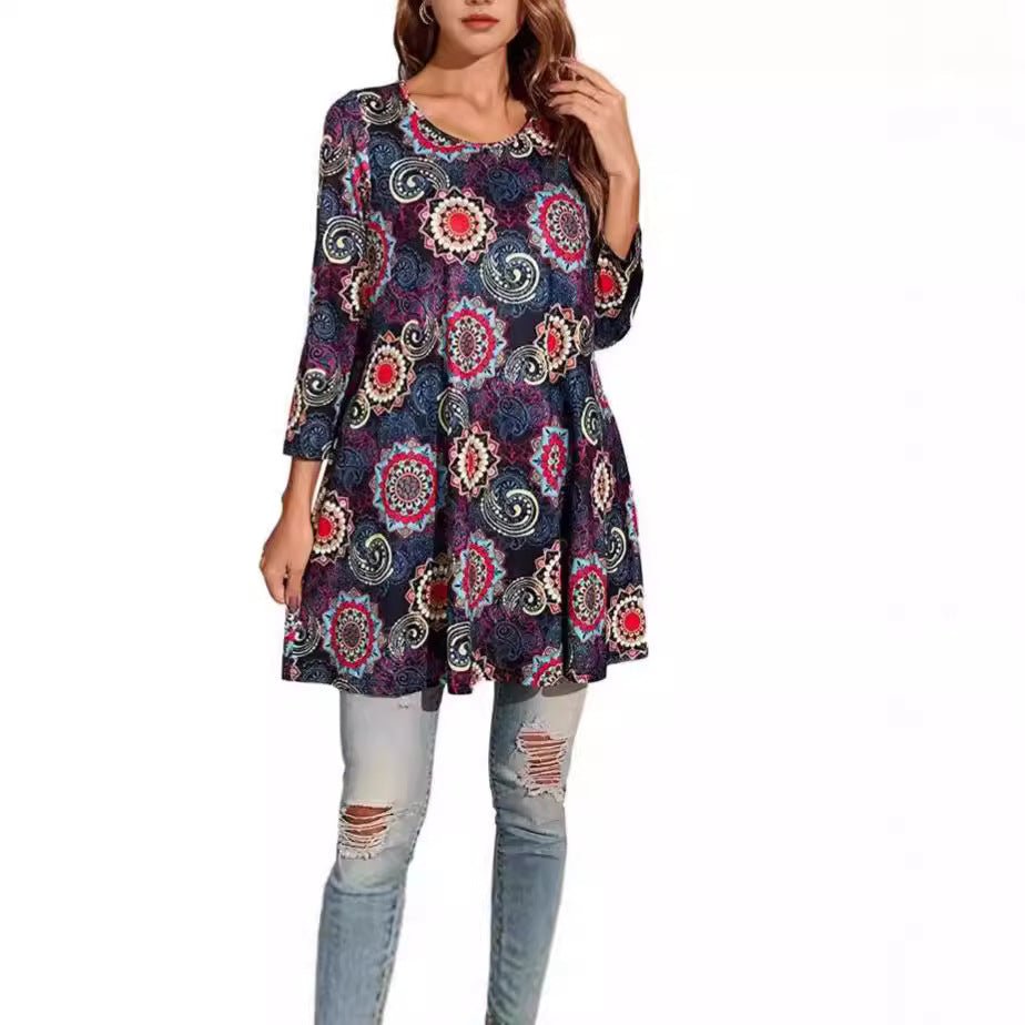 Sophia | Women's Boho Mandala Print 3/4 Sleeve Swing Tunic