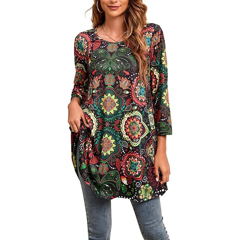 Sophia | Women's Boho Mandala Print 3/4 Sleeve Swing Tunic