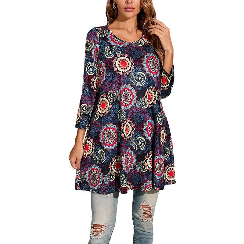 Sophia | Women's Boho Mandala Print 3/4 Sleeve Swing Tunic