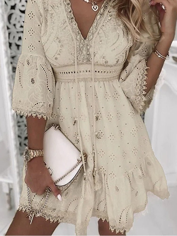 Scarlett | Women's Boho Mini Dress V-Neck Bell Sleeves Eyelet Lace