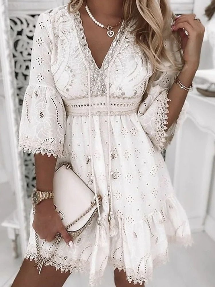 Scarlett | Women's Boho Mini Dress V-Neck Bell Sleeves Eyelet Lace