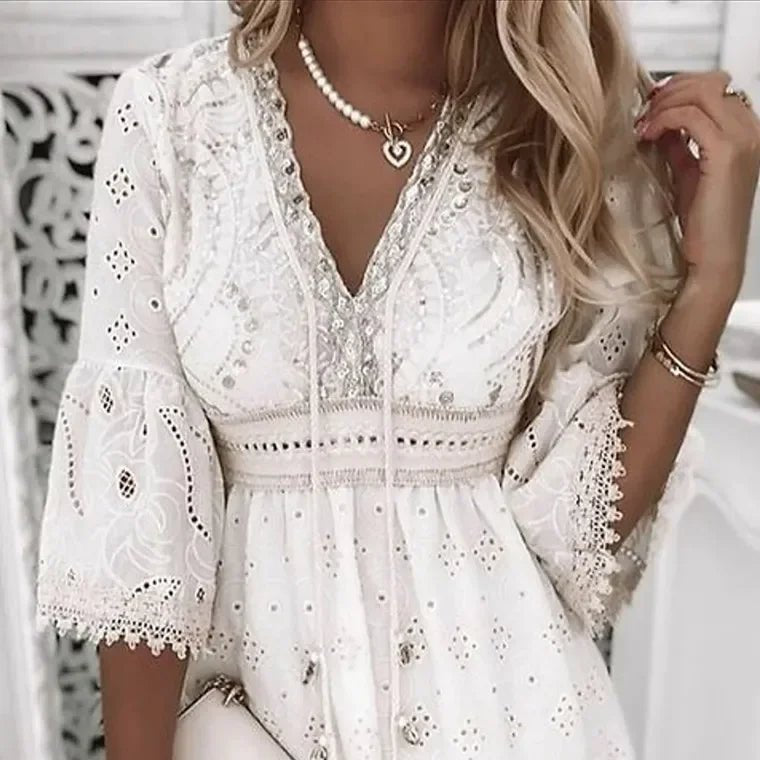 Scarlett | Women's Boho Mini Dress V-Neck Bell Sleeves Eyelet Lace