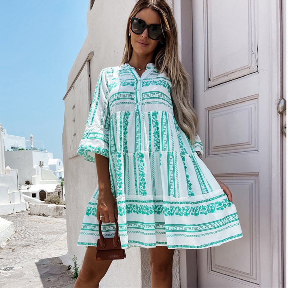 Penelope | Women's Boho Printed Tiered Tunic Mini Dress Relaxed Fit