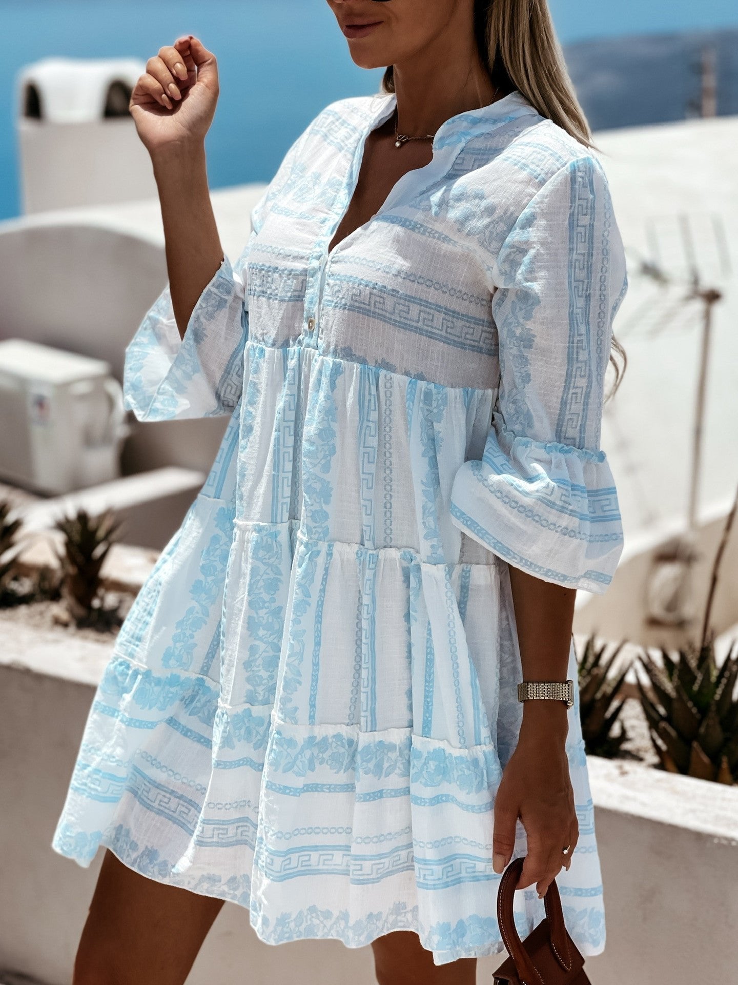 Penelope | Women's Boho Printed Tiered Tunic Mini Dress Relaxed Fit