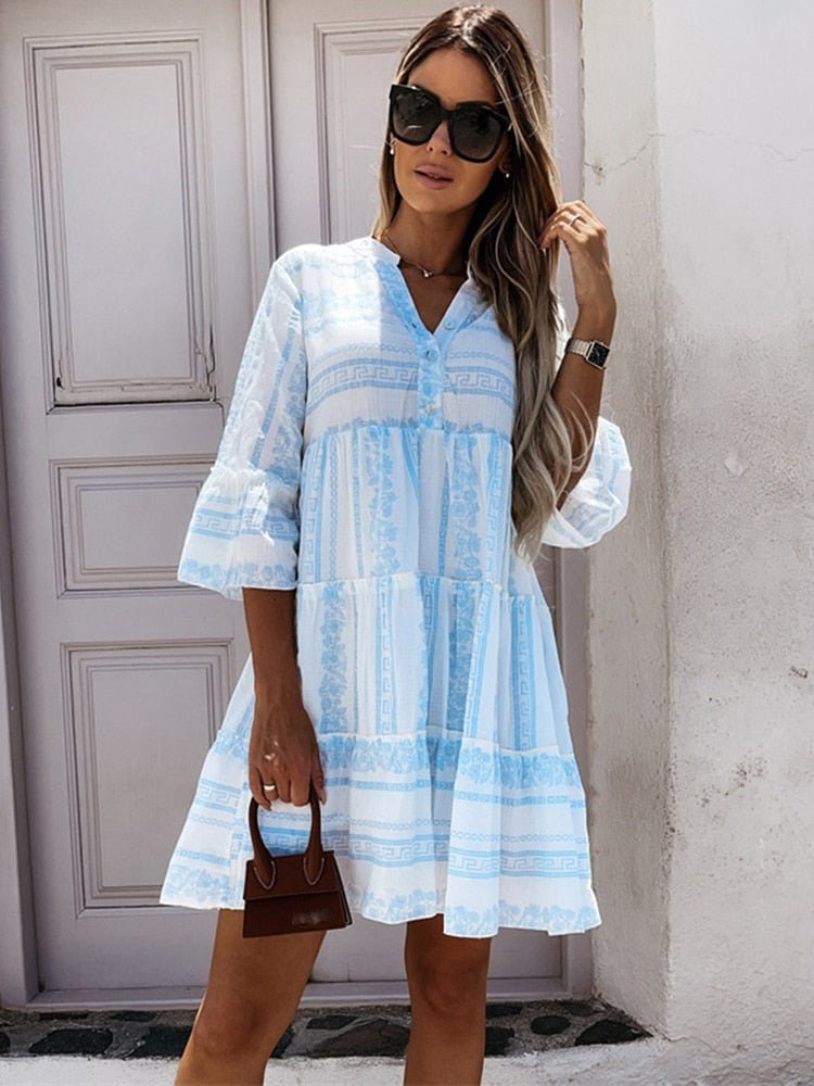 Penelope | Women's Boho Printed Tiered Tunic Mini Dress Relaxed Fit