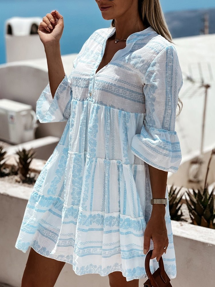 Penelope | Women's Boho Printed Tiered Tunic Mini Dress Relaxed Fit
