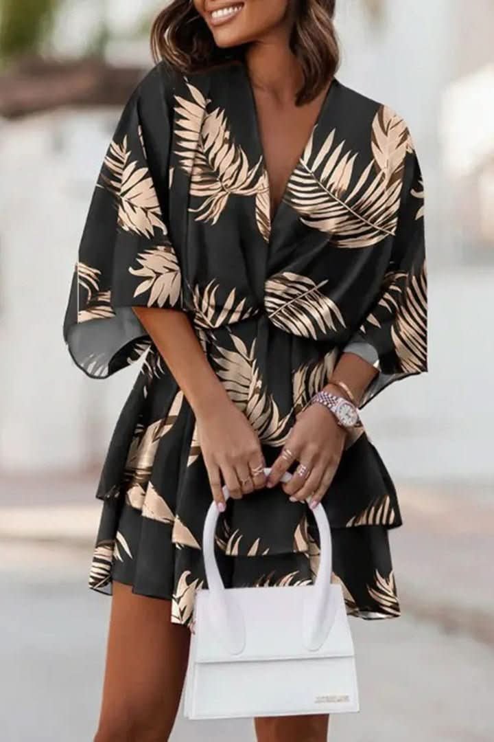 Mia | Women's Boho Tropical-Print Mini Cocktail Dress Tiered Skirt
