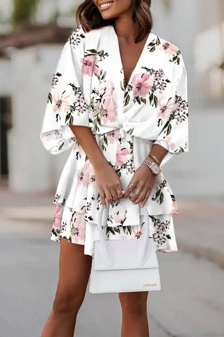 Mia | Women's Boho Tropical-Print Mini Cocktail Dress Tiered Skirt