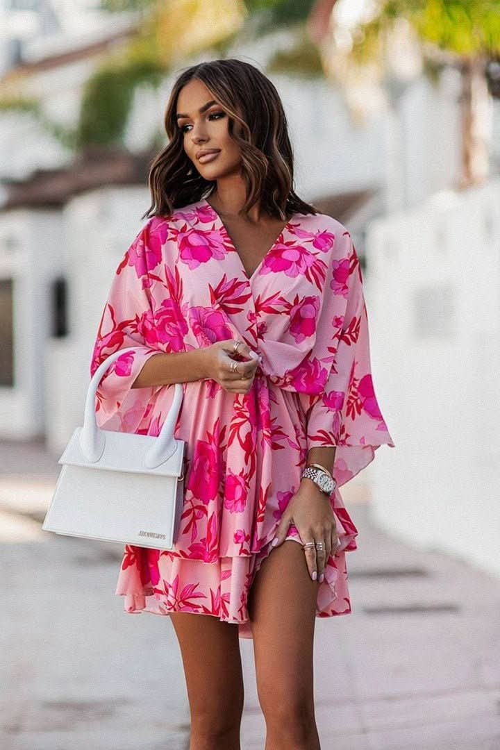 Mia | Women's Boho Tropical-Print Mini Cocktail Dress Tiered Skirt