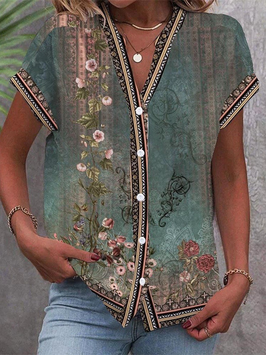 Olivia | Women's Boho V-Neck Blouse Short Sleeve Lightweight Floral