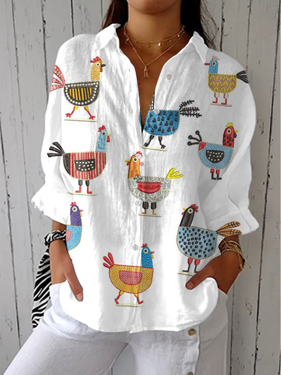 Sophia | Women's Button-Front Blouse Colorful Hen Print