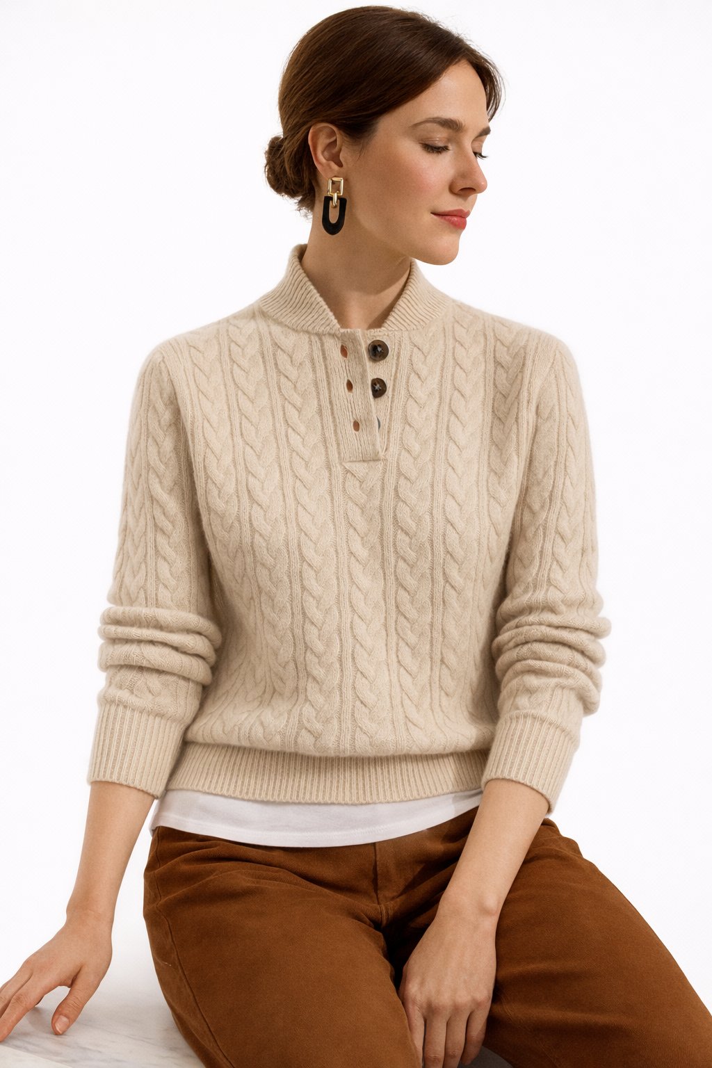 Madison | Women's Cable Knit Button-Neck Wool Blend Pullover Sweater