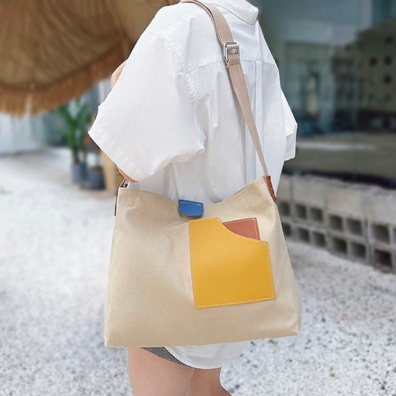 Penelope | Women's Color Block Canvas Tote Bag PU Leather Pocket Shoulder Bag
