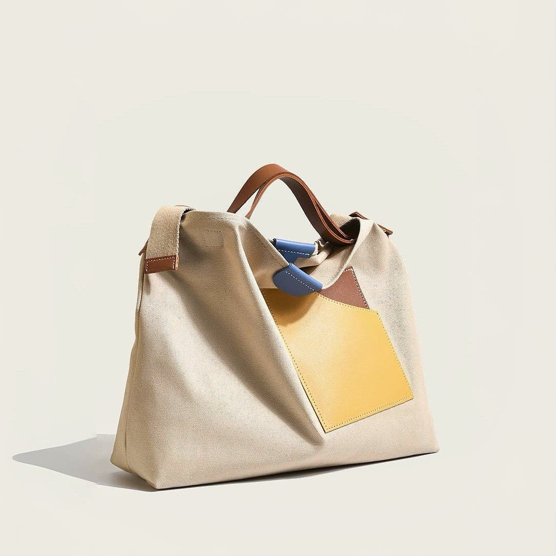 Penelope | Women's Color Block Canvas Tote Bag PU Leather Pocket Shoulder Bag